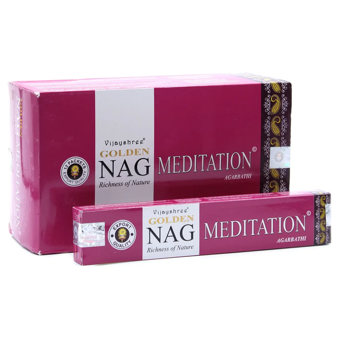 Box of 15g Golden Nag incense sticks with decorative packaging for meditation and relaxation purposes