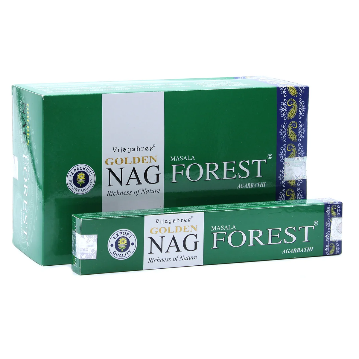 15g incense pack of Golden Nag Forest Incense with green and gold packaging on a white background