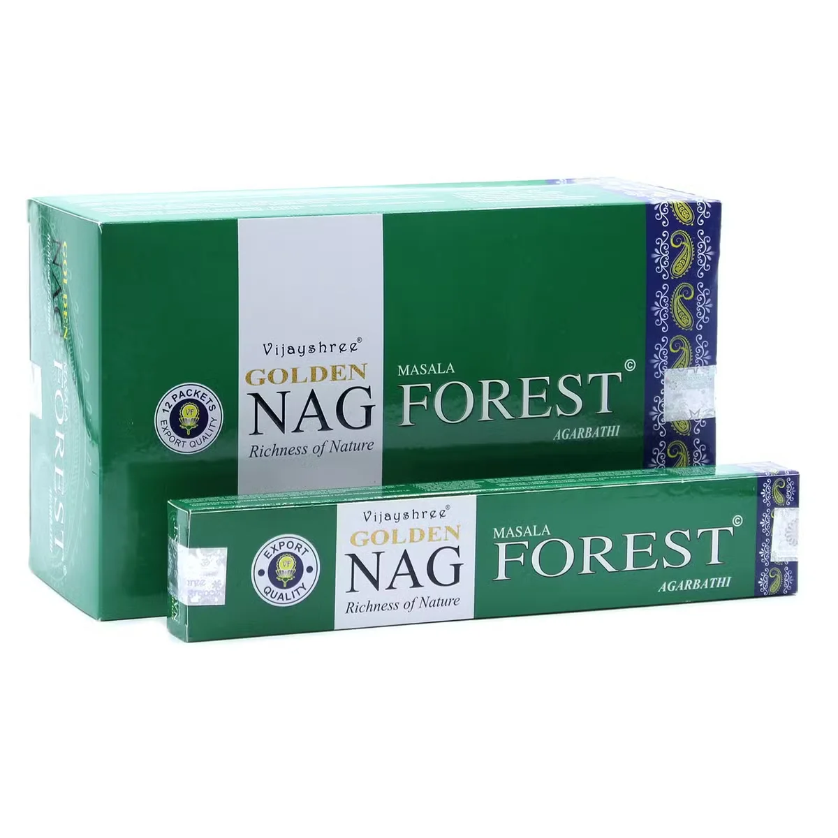Pack of 15g Golden Nag Forest aromatic incense sticks with green and gold packaging on white background