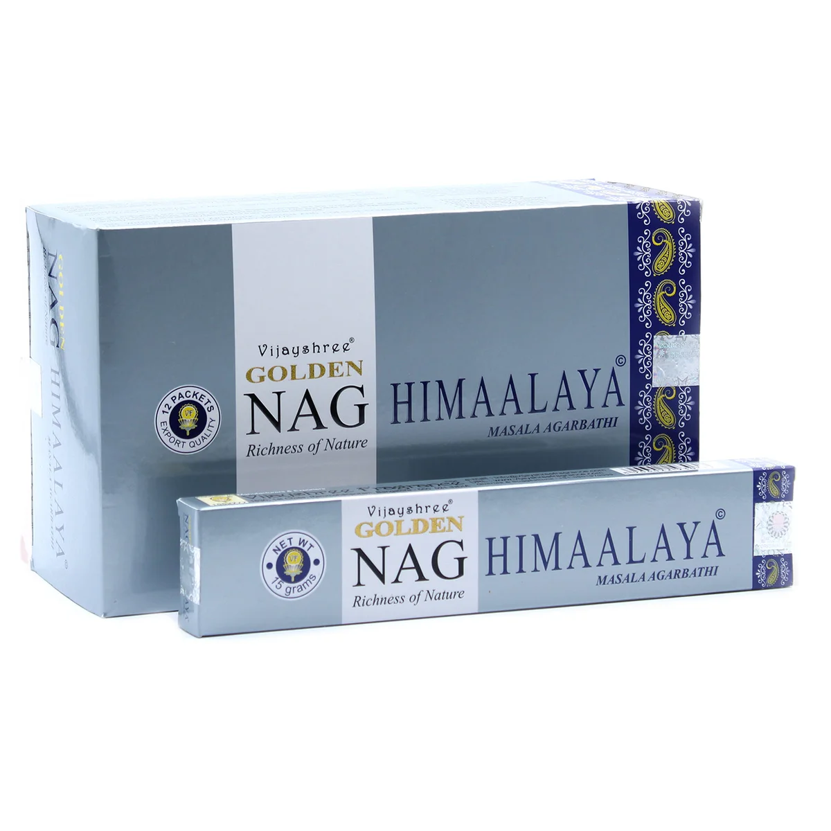 15g incense pack of Golden Nag Himalaya Incense sticks with decorative packaging on a white background