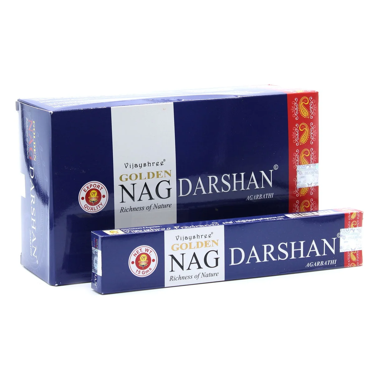 Pack of 15g Golden Nag incense sticks by Darshan with decorative packaging on white background