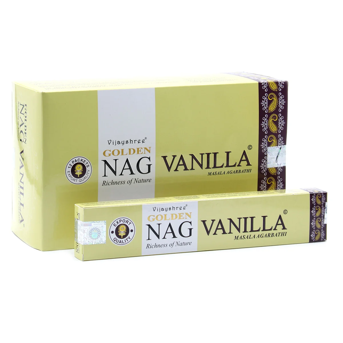 Bundle of 15g golden vanilla scented incense sticks with light brown packaging on a white background