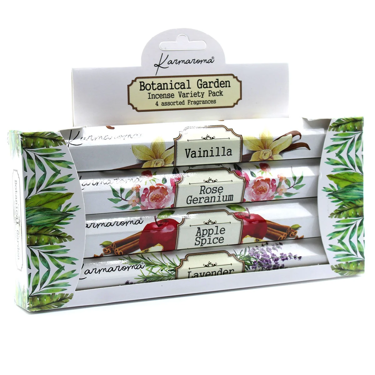 Botanical garden incense set with four assorted fragrance sticks in decorative packaging on white background