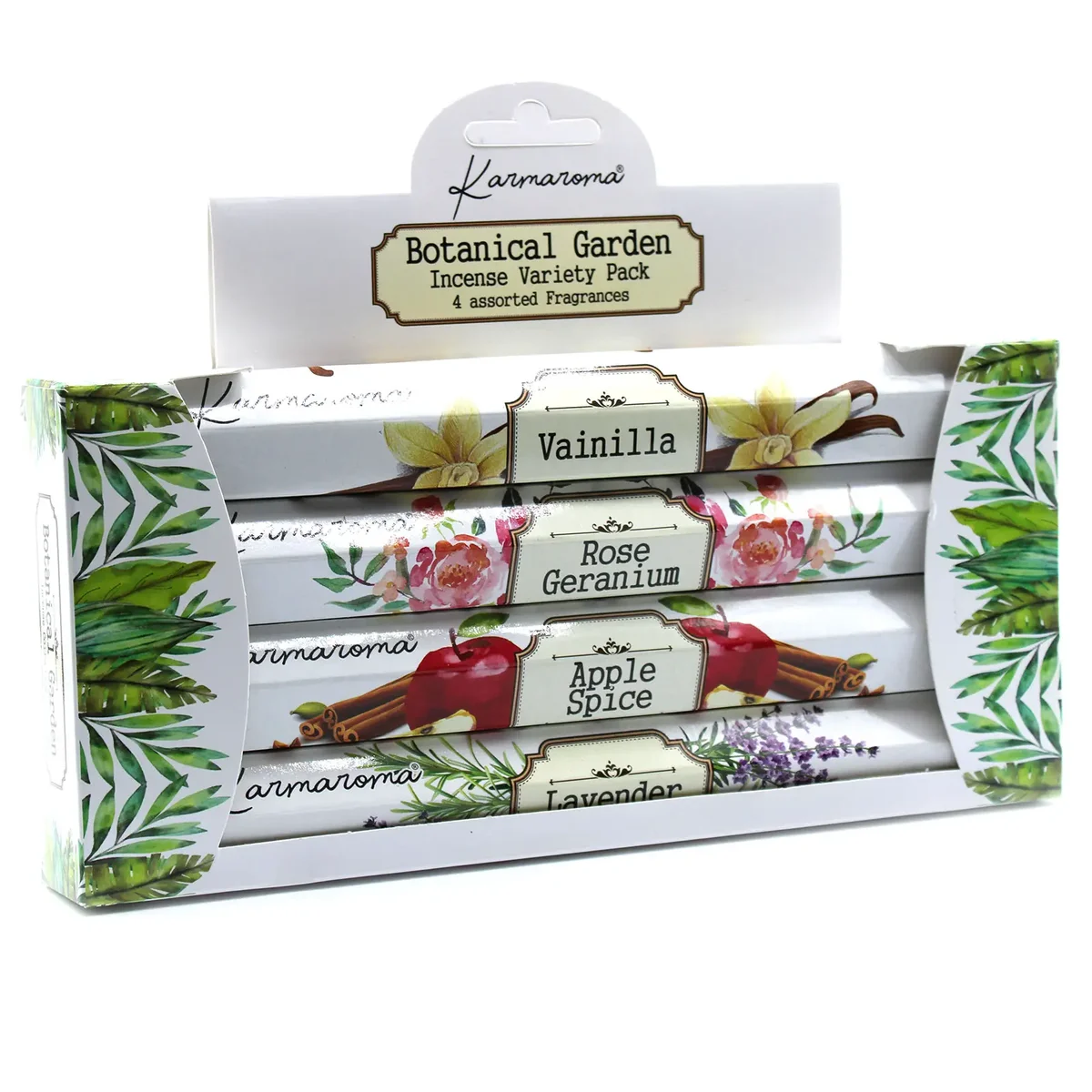 Botanical Garden Incense Gift Set showing four sticks in assorted incense fragrances with floral packaging design