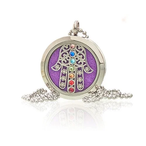 Aromatherapy jewellery necklace featuring a 30mm Hamsa Chakra pendant on a chain