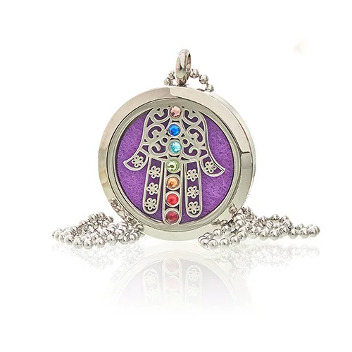 Hamsa chakra 30mm pendant necklace with aromatherapy design on a silver chain against white background