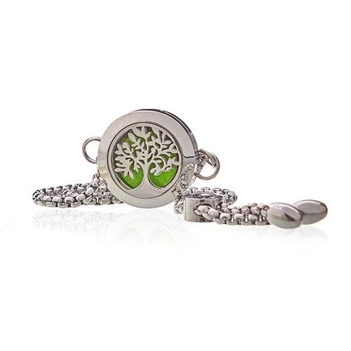 Silver chain aromatherapy jewellery bracelet with 20mm Tree of Life pendant on white background