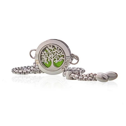 Close-up of a chain bracelet 20mm featuring a Tree of Life aromatherapy pendant on a silver chain