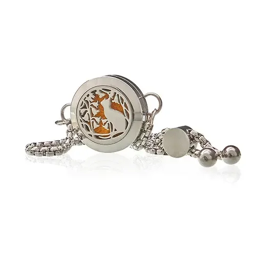 Silver chain bracelet with cat design and flower charms, 20mm aromatherapy jewellery accessory