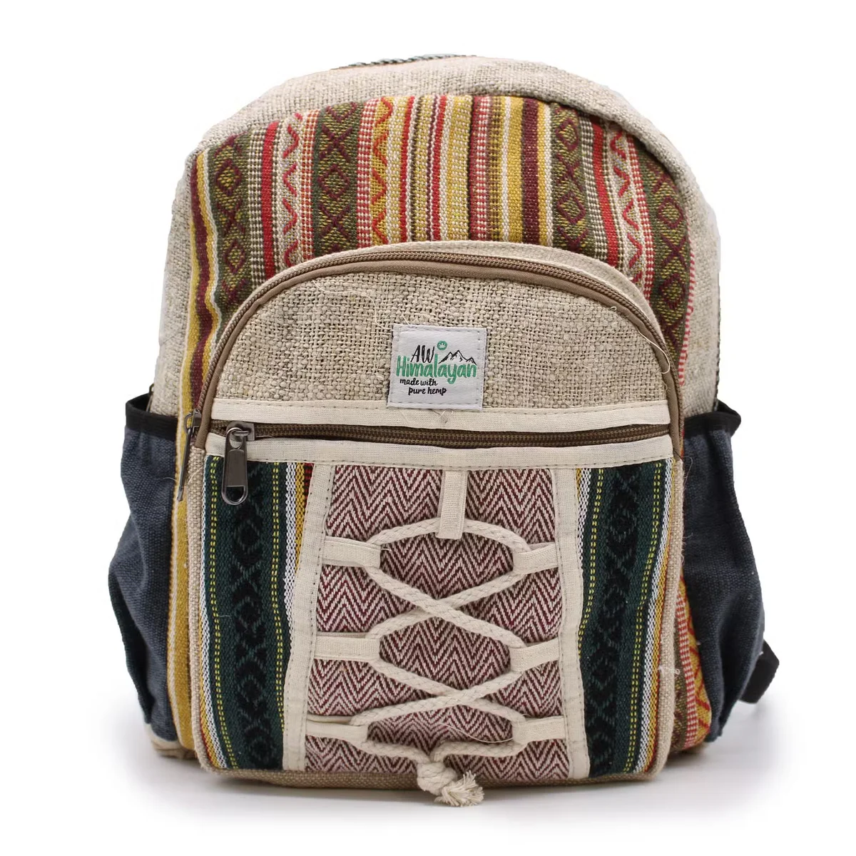 Small backpack in rope and pockets style, shown from side, compact everyday backpack with multiple pockets and straps