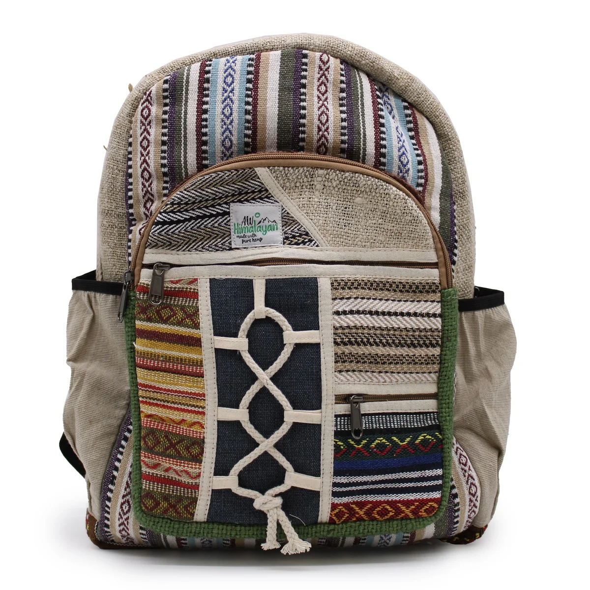 Large backpack in rope and pockets style with multiple compartments and sturdy straps for carrying.