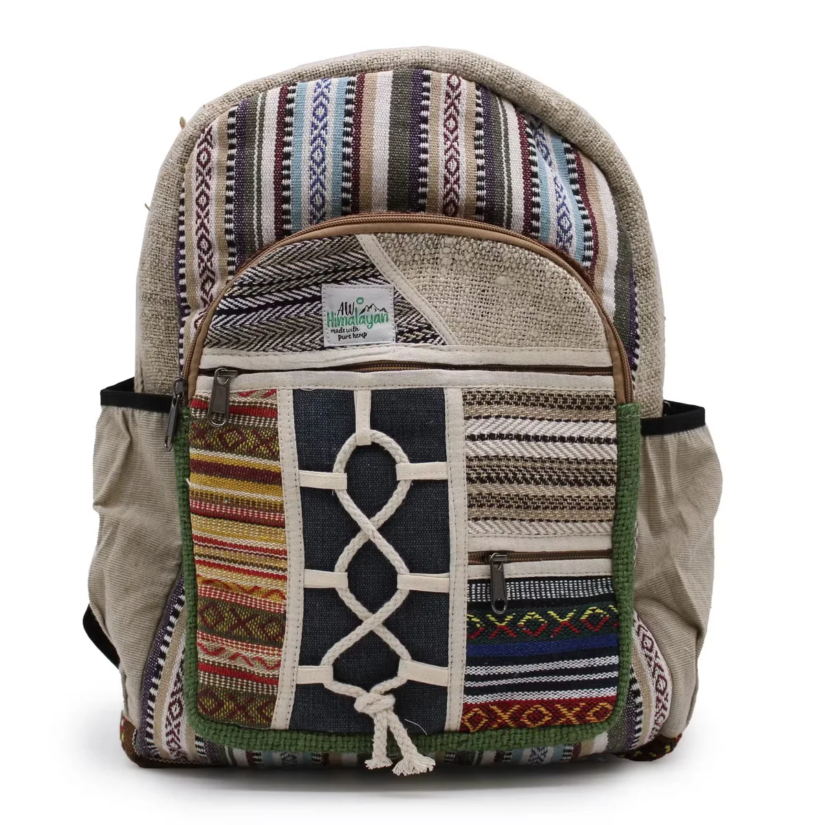 Spacious backpack with rope details and multiple pockets shown from the side on a plain background