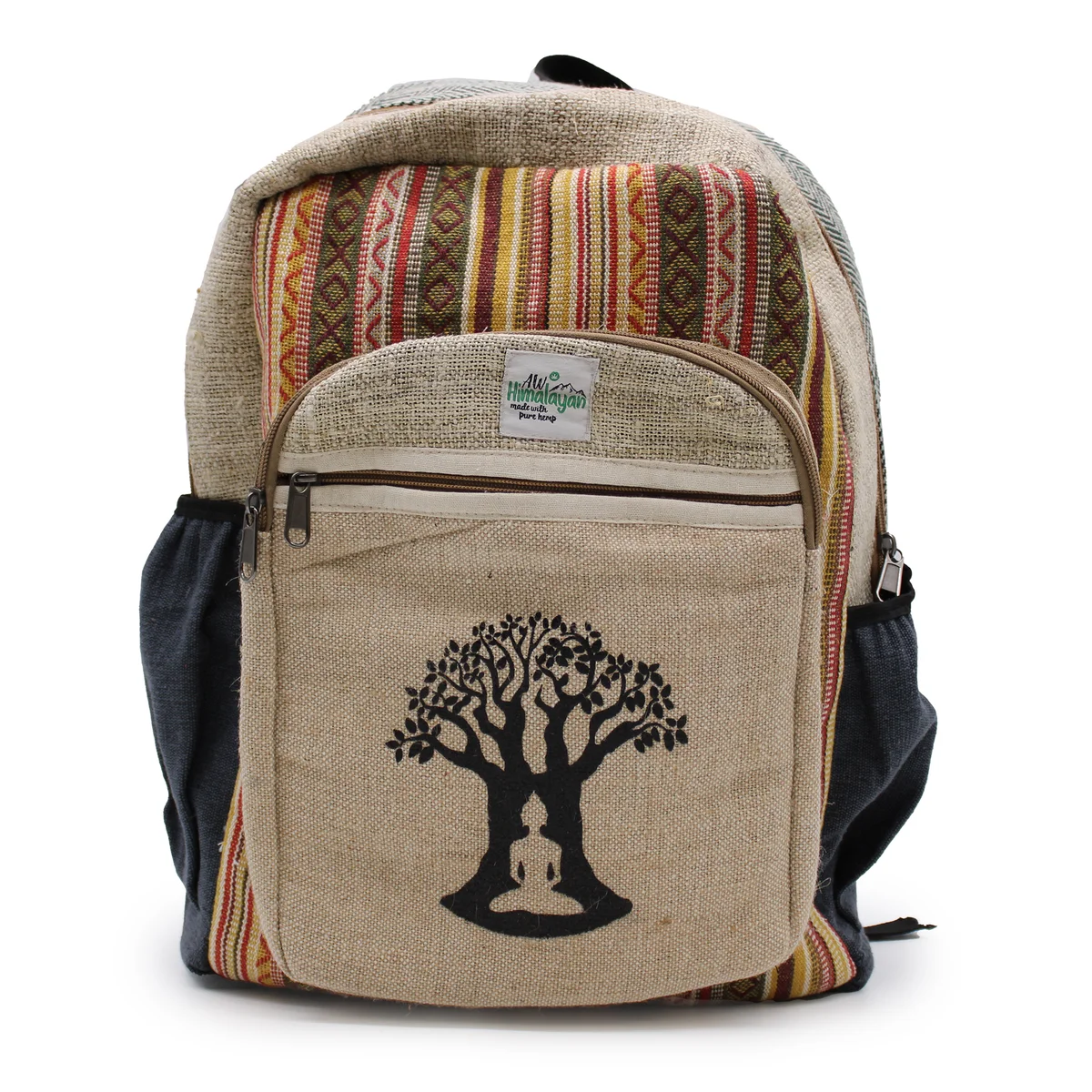 Stylish large backpack featuring a Bohdi tree design, shown from the side with padded straps and spacious compartments