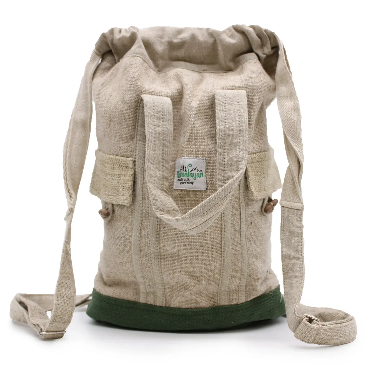 Natural hemp backpack with padded laptop compartment, sturdy canvas straps and adjustable shoulder straps.