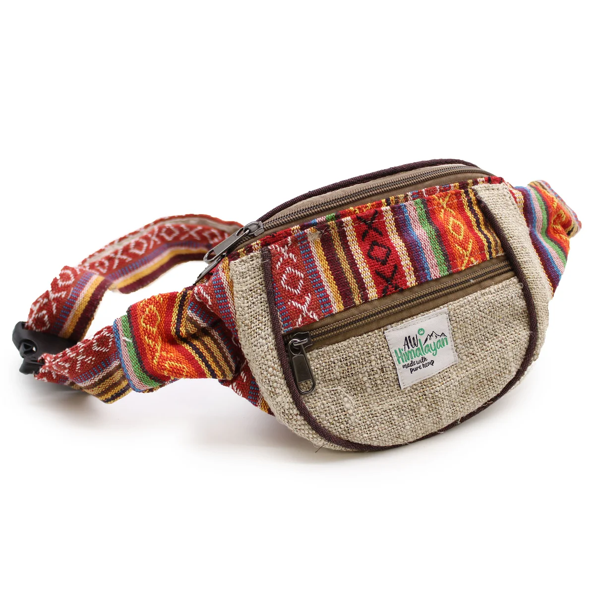Cotton bum bag featuring hemp and cotton fabric in assorted colours, worn around the waist in photo