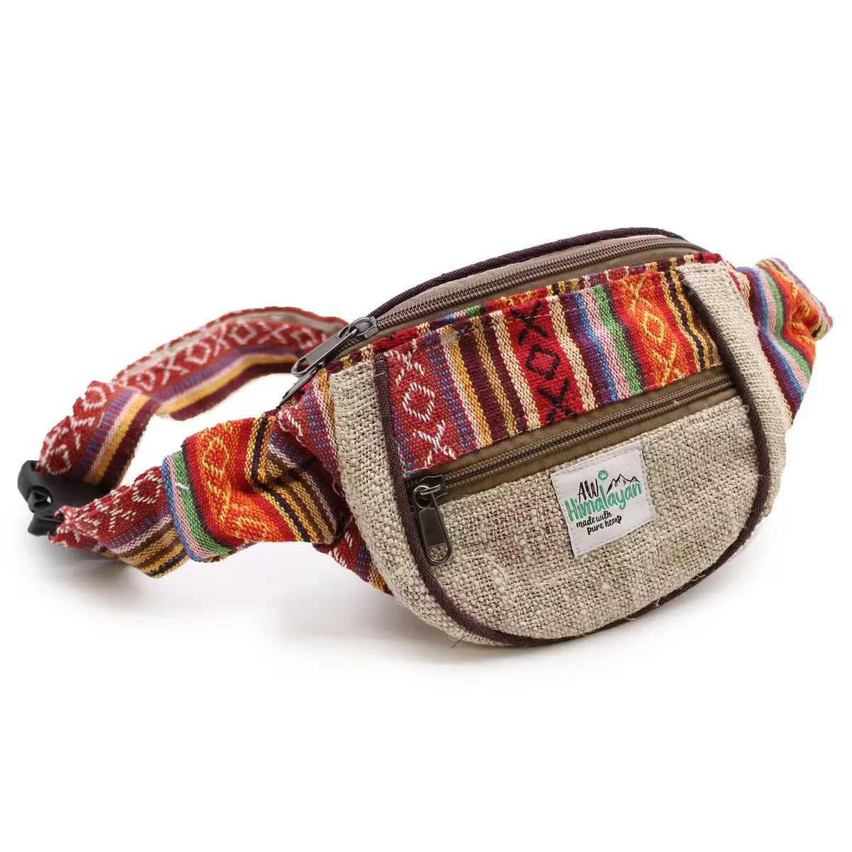 Bum bag made of hemp and cotton, assorted colors, snug‑fit pouch, worn across chest.