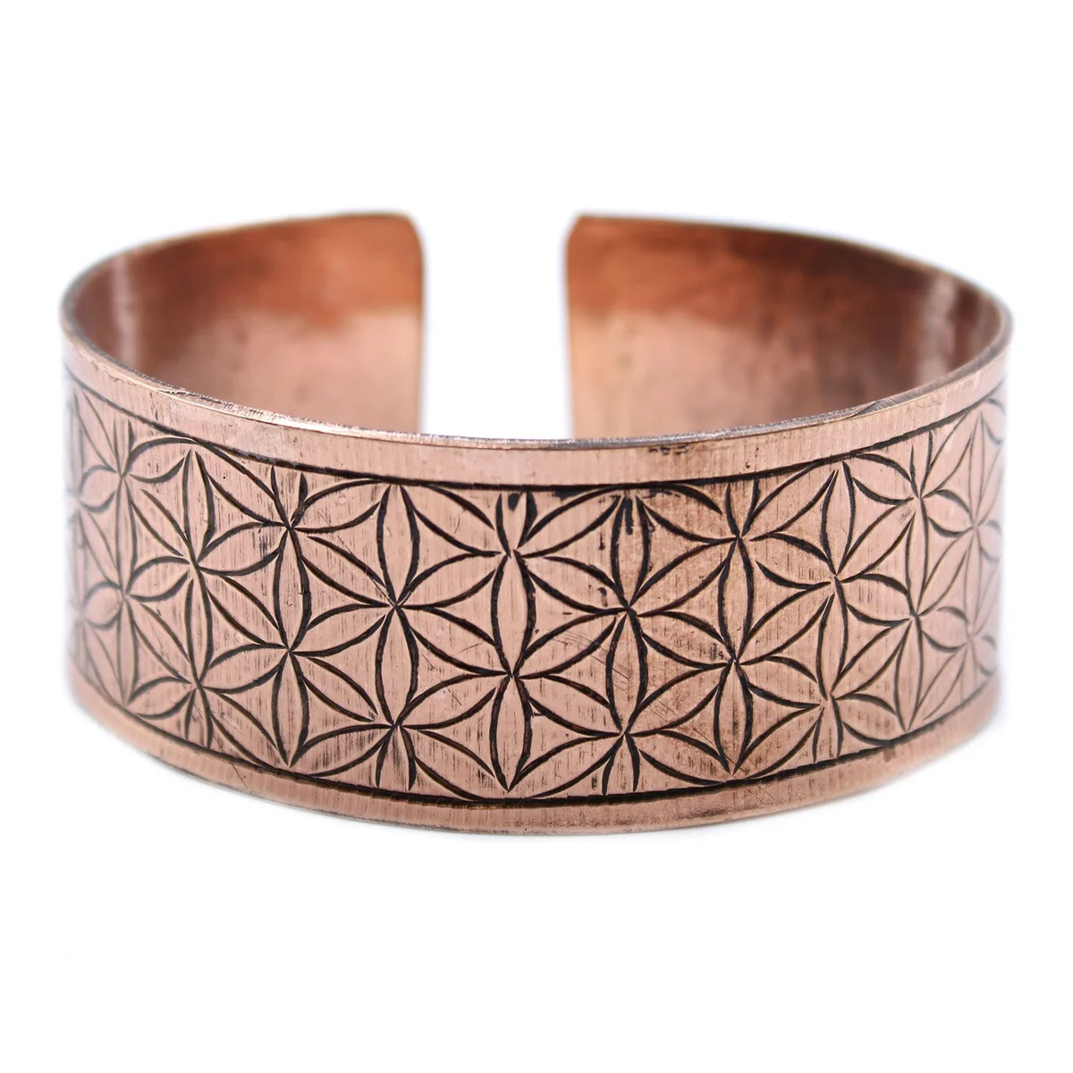 Copper Tibetan bracelet featuring an intricate Flower of Life design on a textured band