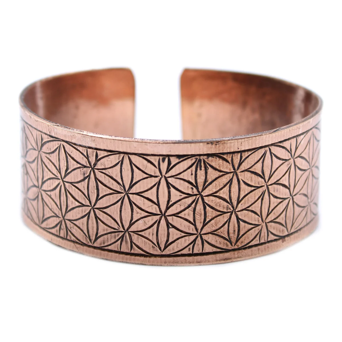Close-up of Copper Tibetan Bracelet featuring Flower of Life design, a piece of Tibetan copper jewellery