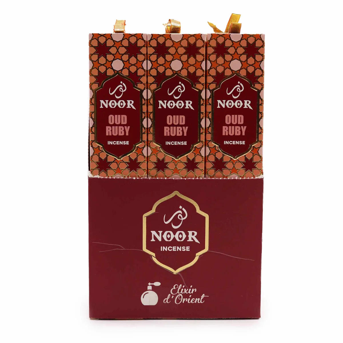 Noor Oud Ruby incense sticks arranged with packaging, showcasing oud incense UK product for home fragrance use