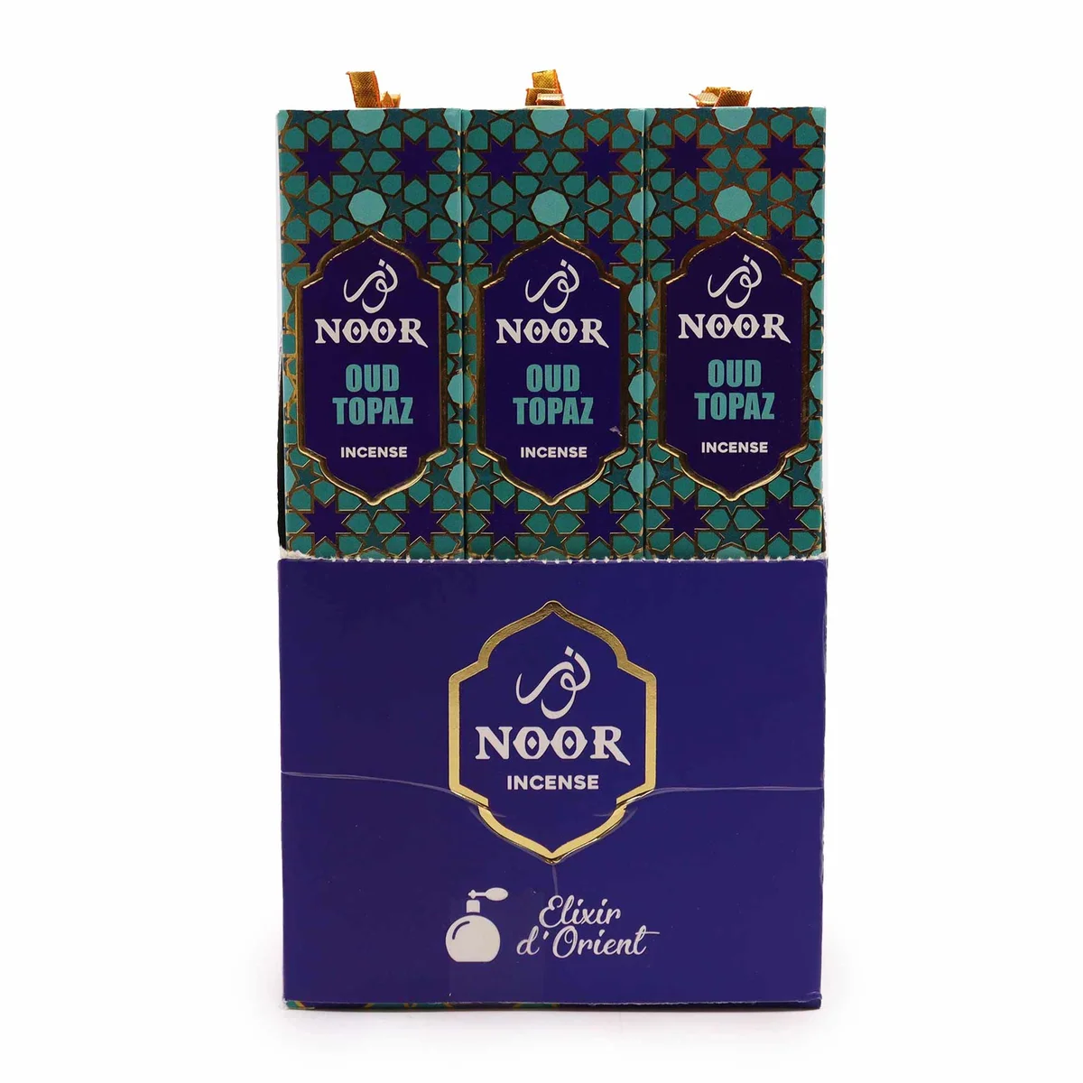 Noor Oud incense sticks in Topaz scent packaging with elegant gold and brown design on white background