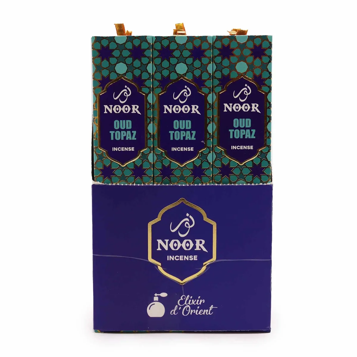 Noor Oud Topaz incense sticks in elegant packaging with warm amber and gold tones on a white background