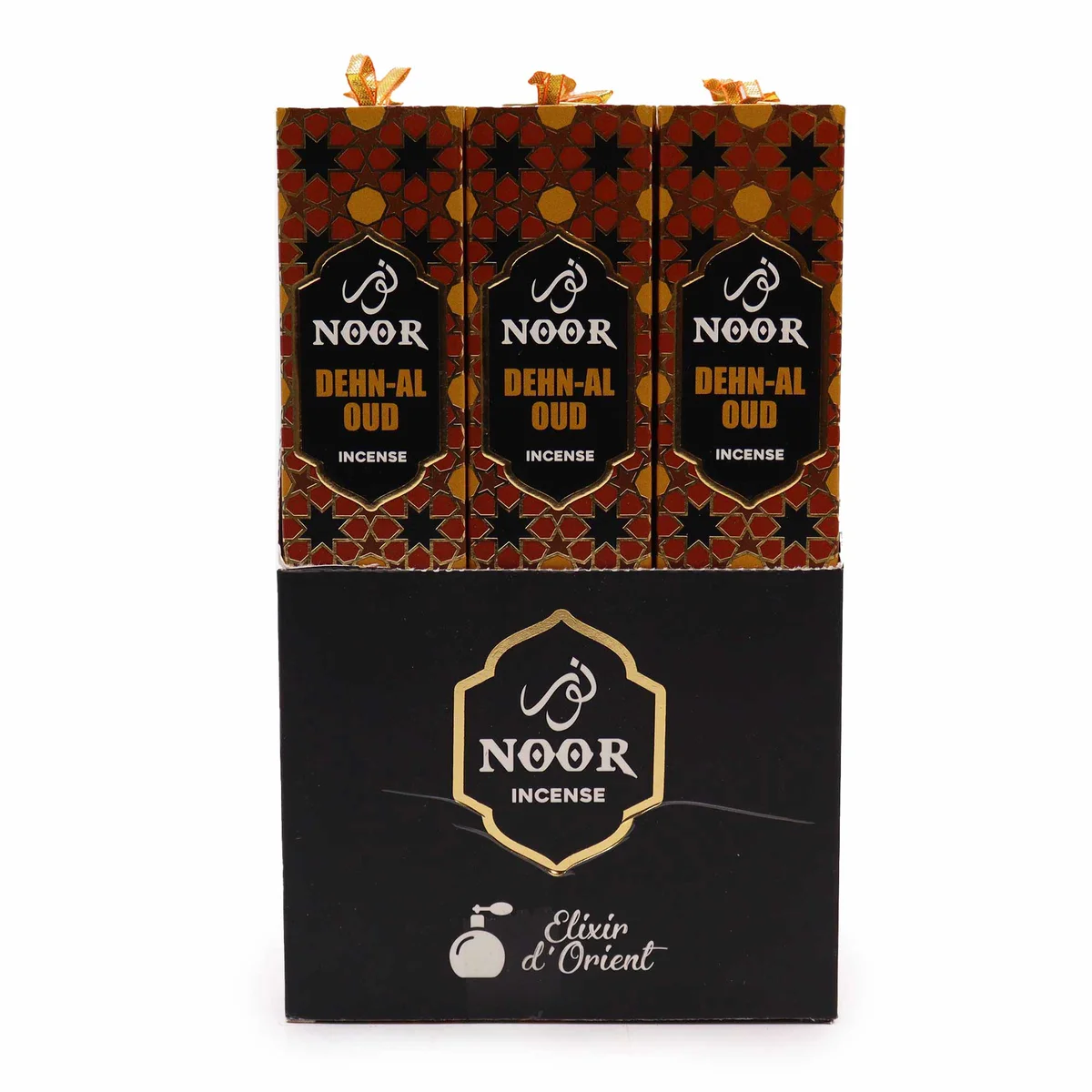 Noor Oud Dehn-Al Oud incense sticks neatly arranged with branded packaging in the background for oud incense sticks product page