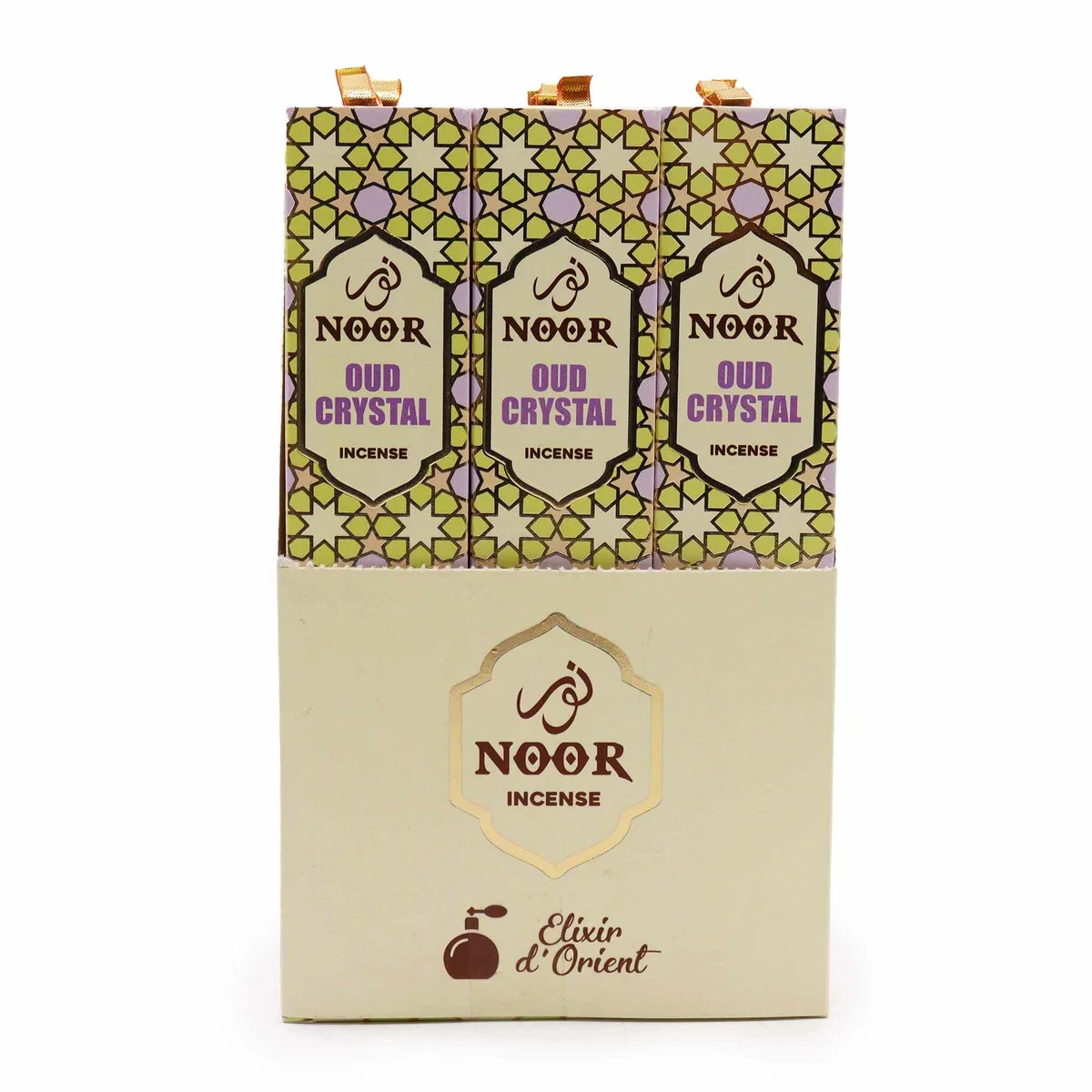 Noor Oud incense sticks with crystal packaging on a white background