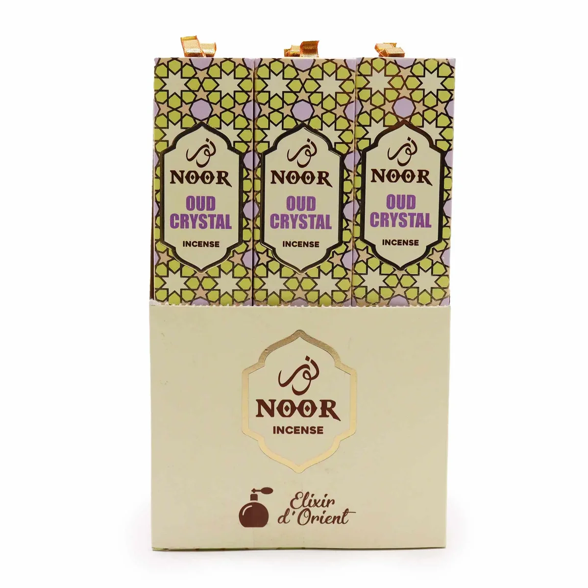 Noor Oud Crystal oud incense sticks in packaging with elegant design and branding visible on box