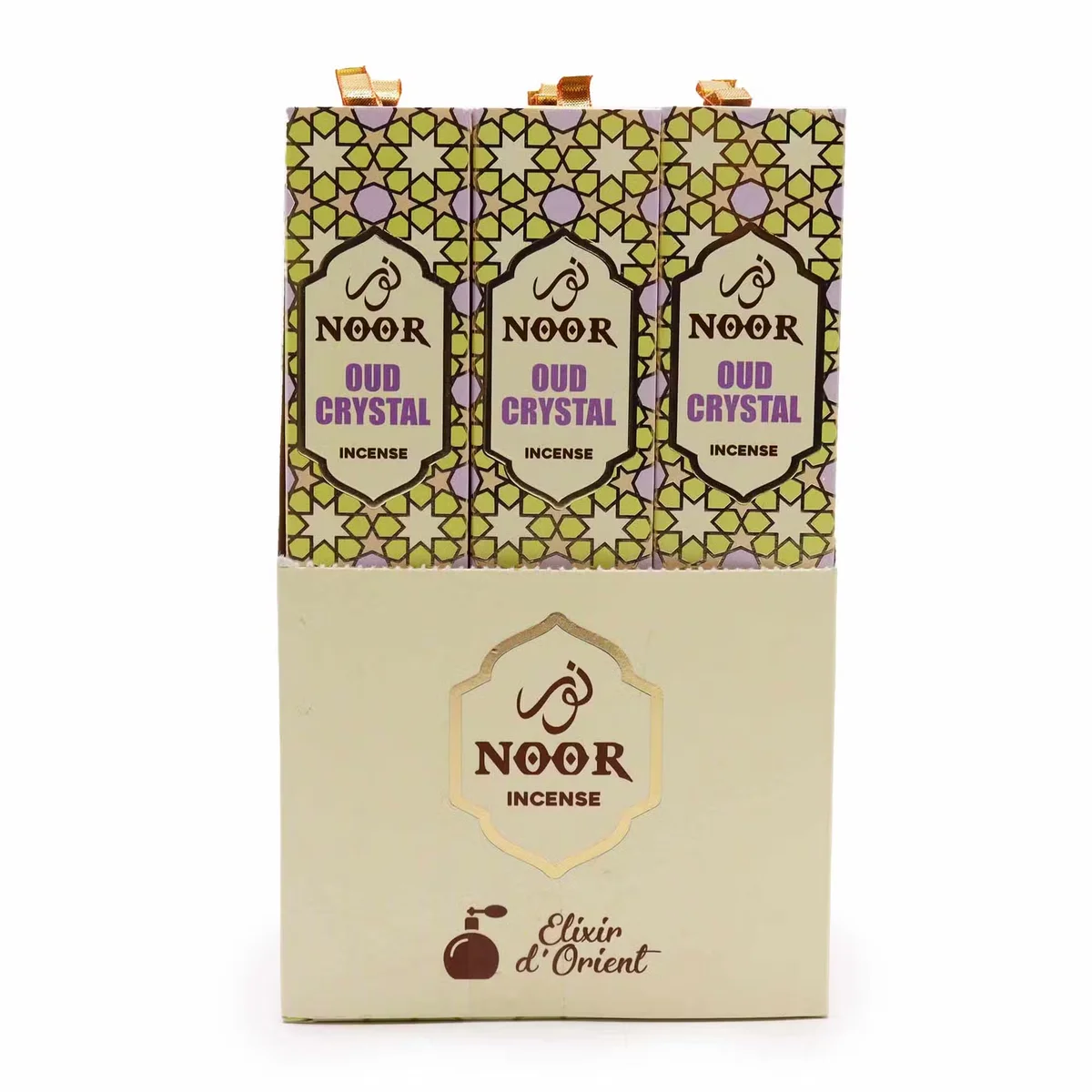 Noor Oud Incense Crystal sticks arranged with smoke rising, showcasing aromatic home incense for a calming atmosphere