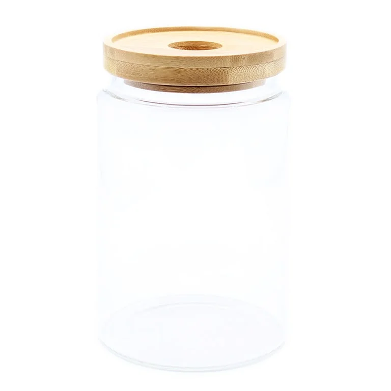 Cottage bamboo glass jar, 15cm tall, clear glass cylinder capped with a natural bamboo lid.