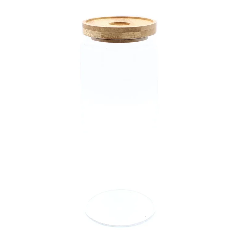 20cm clear bamboo glass jar with bamboo lid displayed upright.