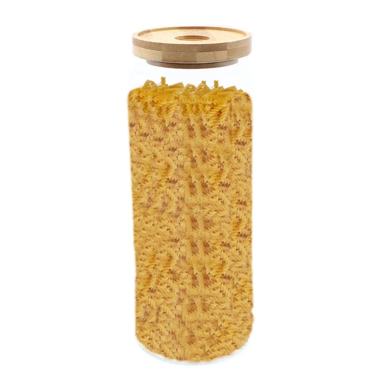 Cottage bamboo‑glass kitchen storage jar, 20cm tall, clear glass with bamboo lid.
