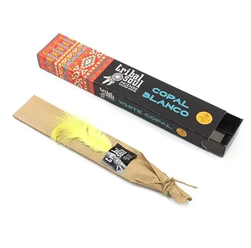 Tribal Soul Incense sticks packaging featuring White Copal scent with natural tribal-inspired design elements