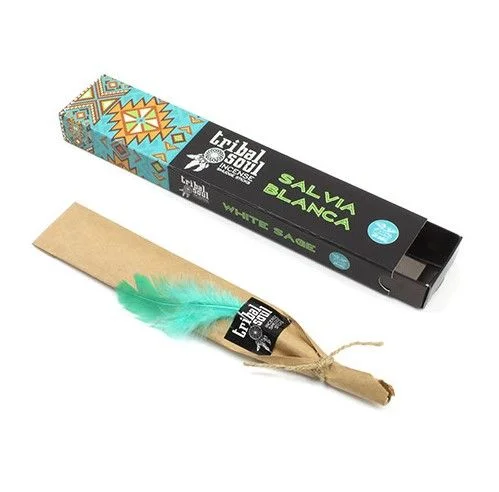Pack of Tribal Soul white sage incense sticks with packaging showing brand and product name on plain background