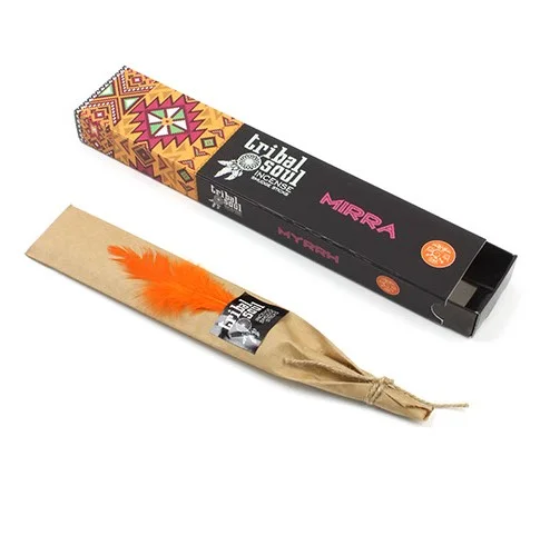 Pack of Tribal Soul Myrrh aromatic incense sticks with packaging displaying brand and scent details on a white background