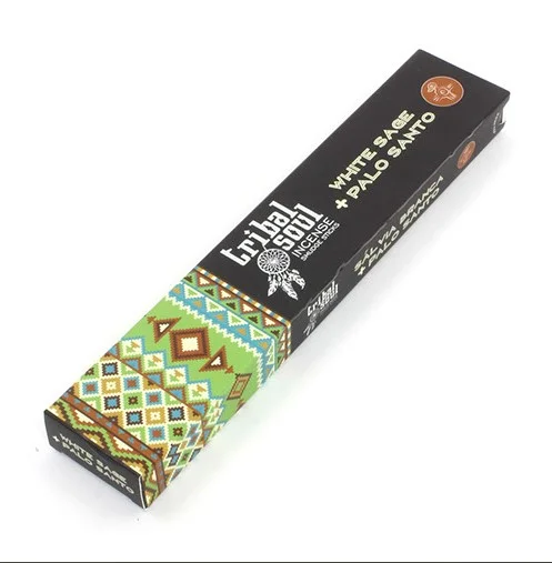Tribal Soul Incense sticks packaging featuring White Sage and Palo Santo scent on a plain background