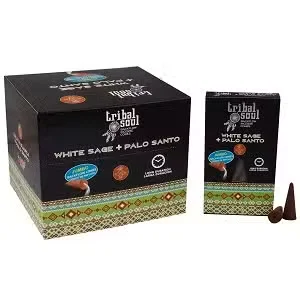 Tribal Soul incense cones in white sage and palo santo scent arranged on a decorative holder for backflow burning