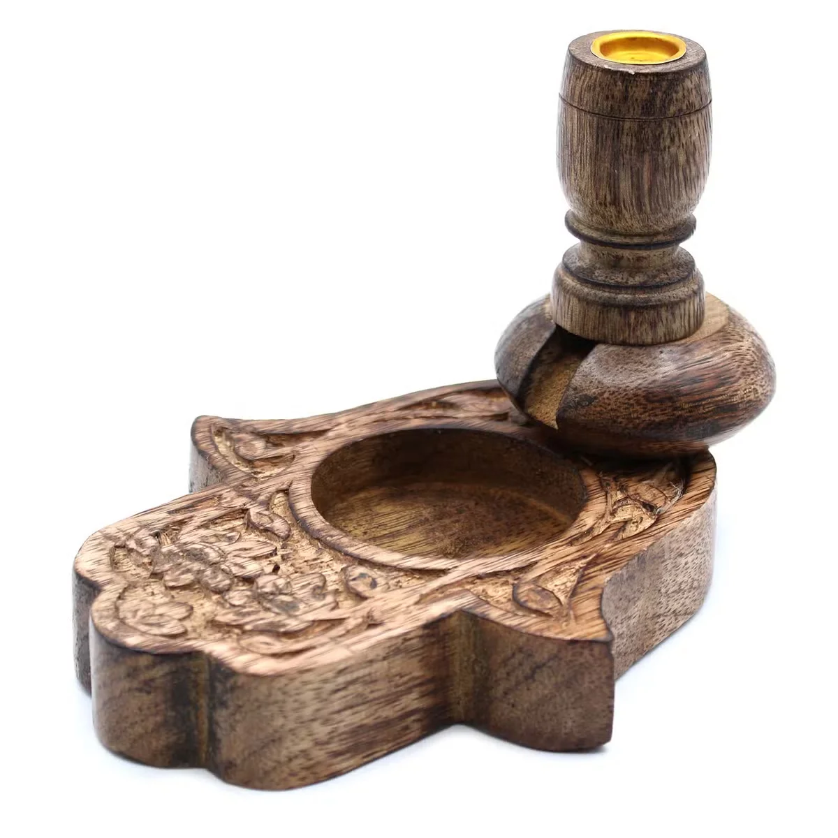 Small mango wood decorative incense burner shaped like a Hamsa hand, designed for backflow incense cones