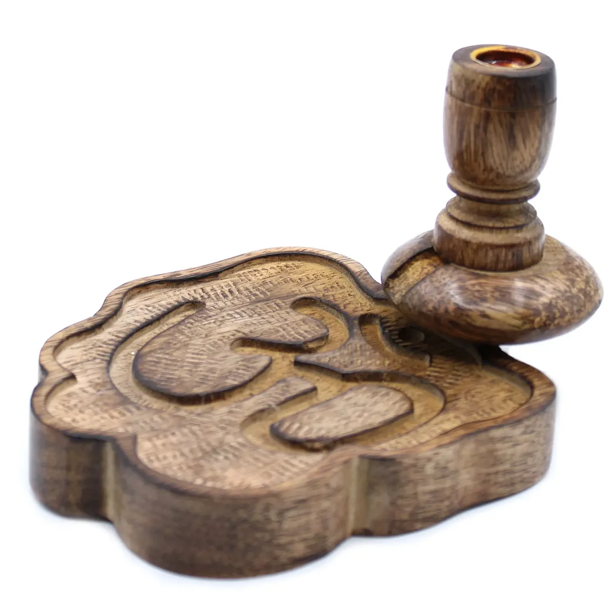 Small mango wood backflow incense burner with Ohm symbol carved on the front, designed for incense cones
