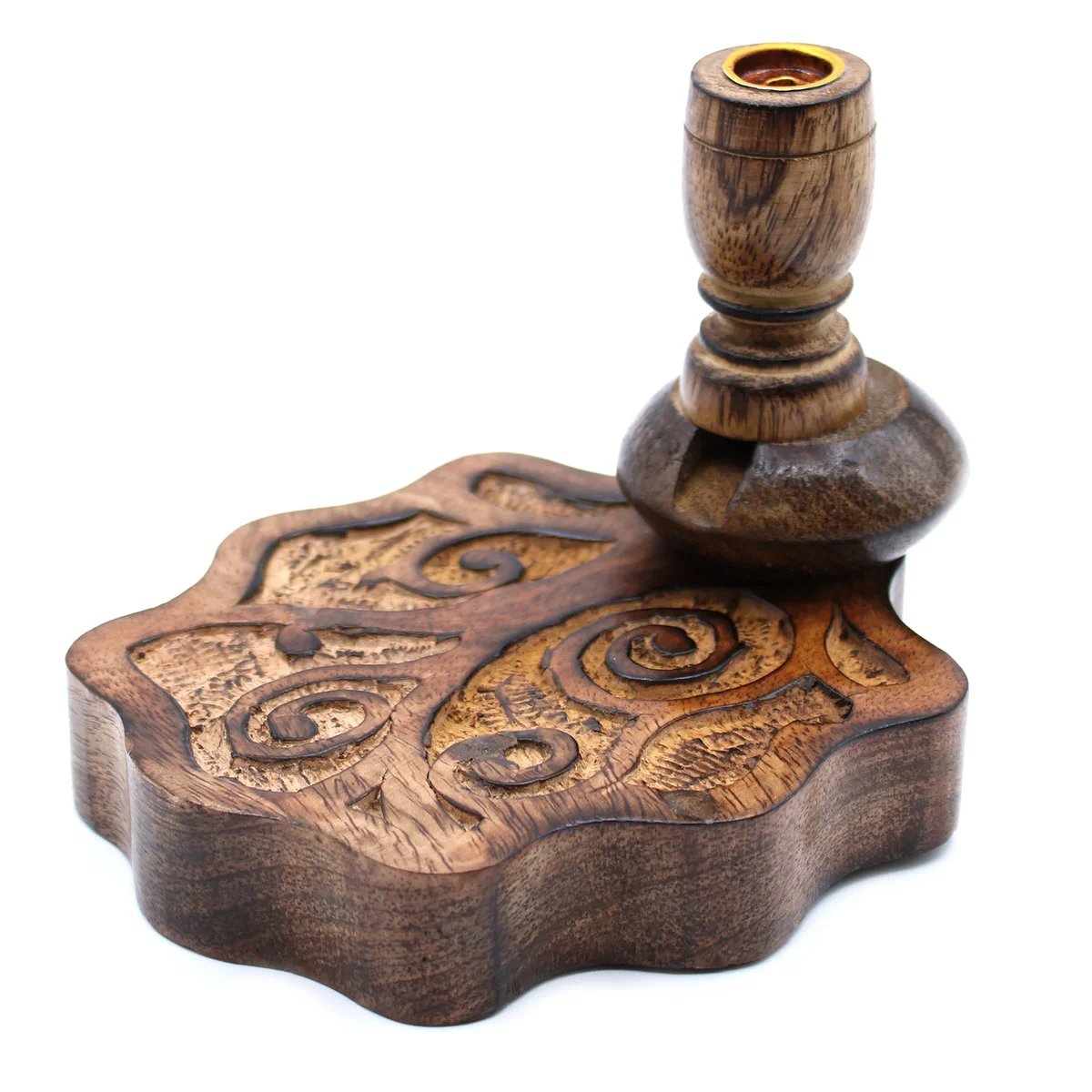 Small mango wood backflow burner shaped like a Tree of Life, wooden incense holder with detailed carvings