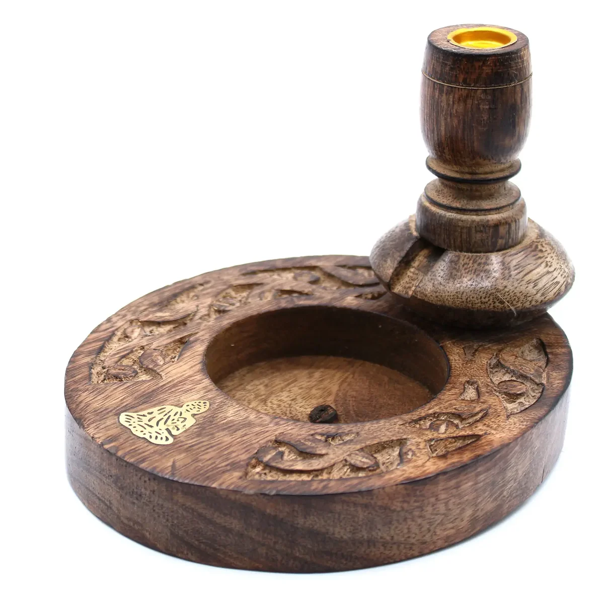 Small mango wood backflow burner featuring a brass buddha incense holder with detailed carving
