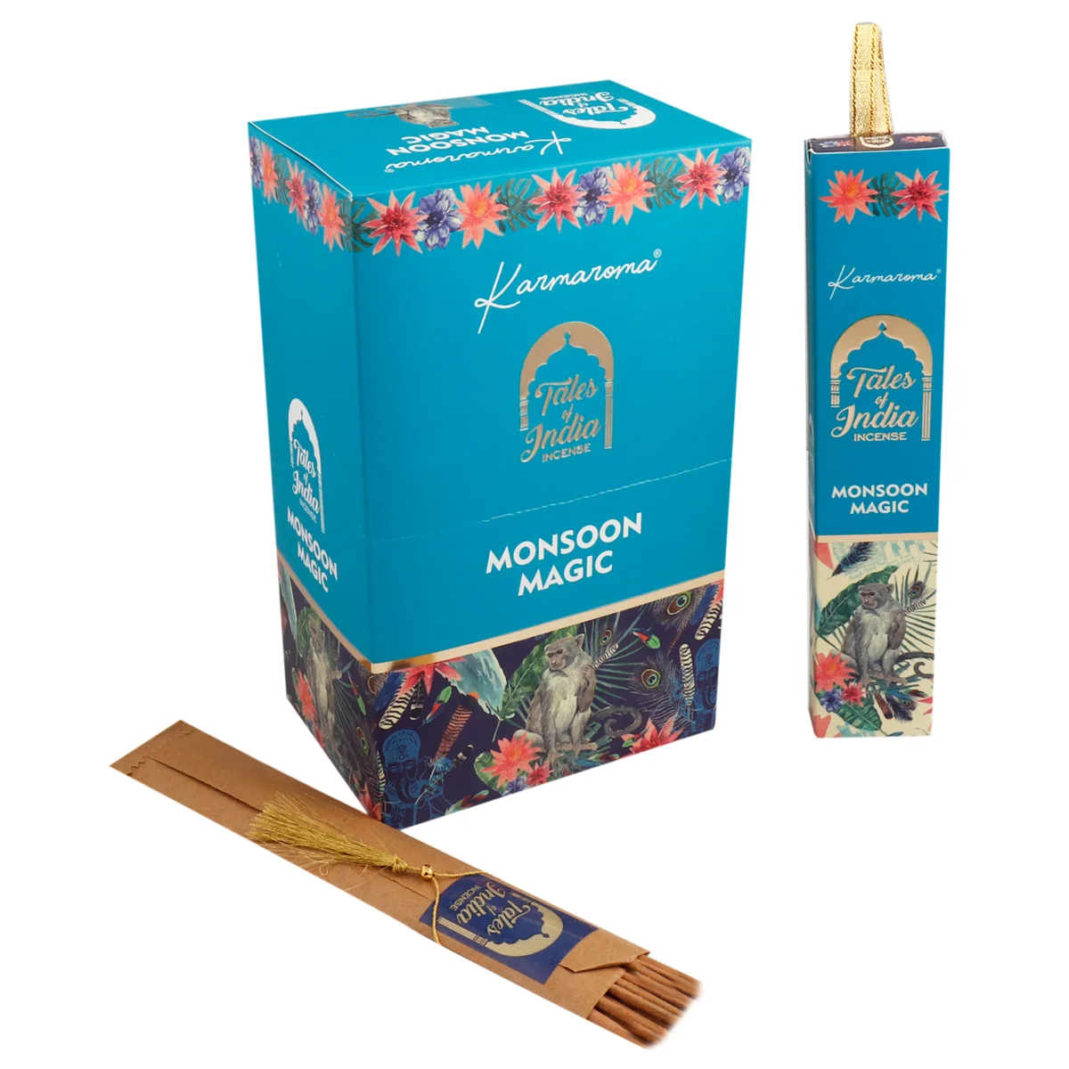 Box of Tales of India Incense Moonsoon Magic with Indian incense sticks arranged beside packaging on white background