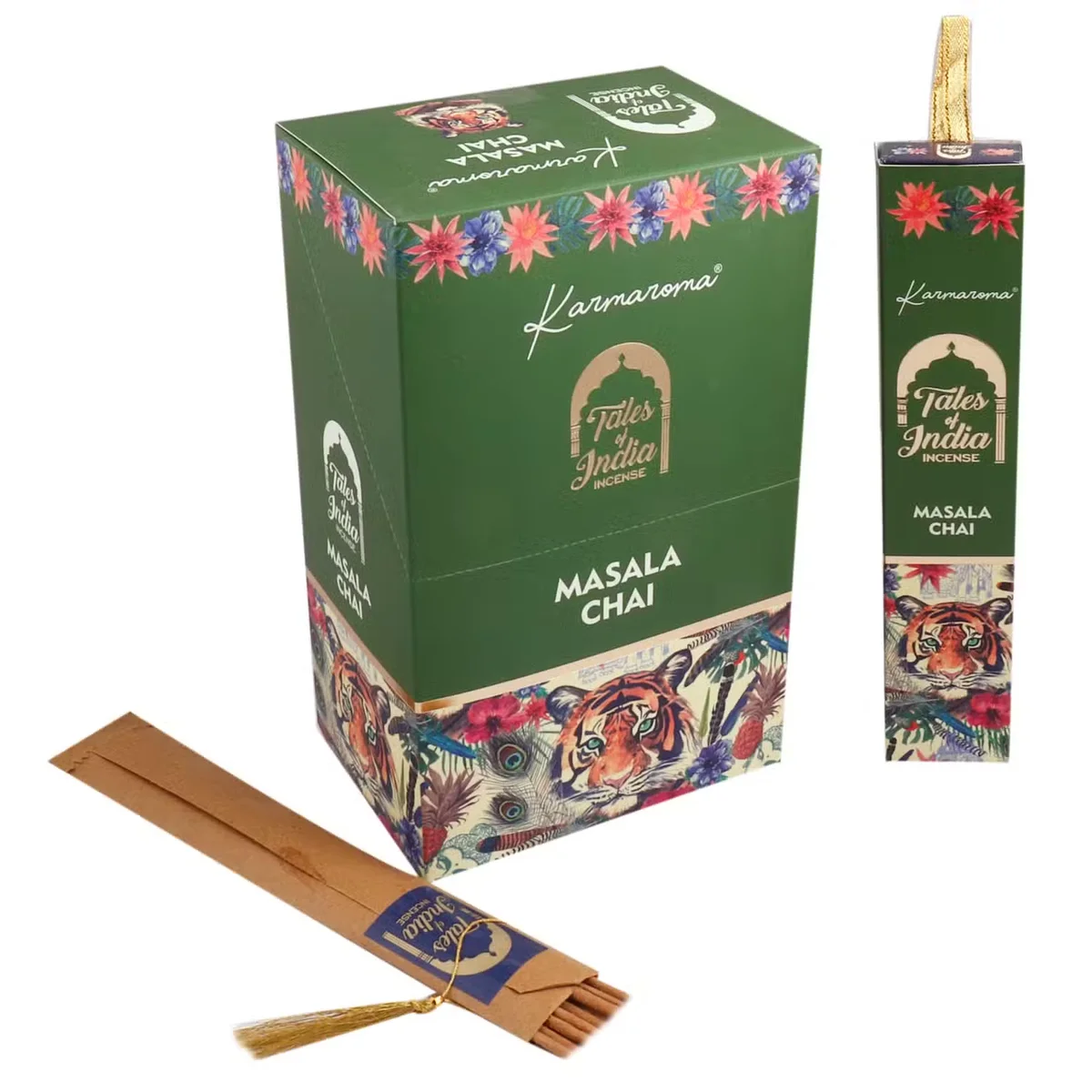 Tales of India Masala Chai incense sticks in packaging highlighting Masala Chai fragrance on a white background