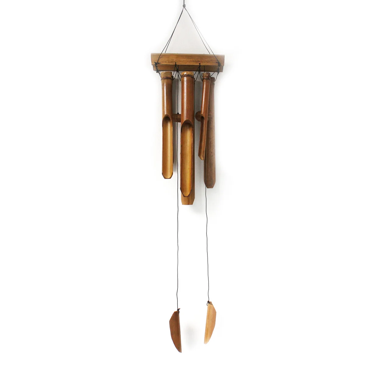 Natural finish bamboo windchime with six large tubes hanging in a rustic cluster
