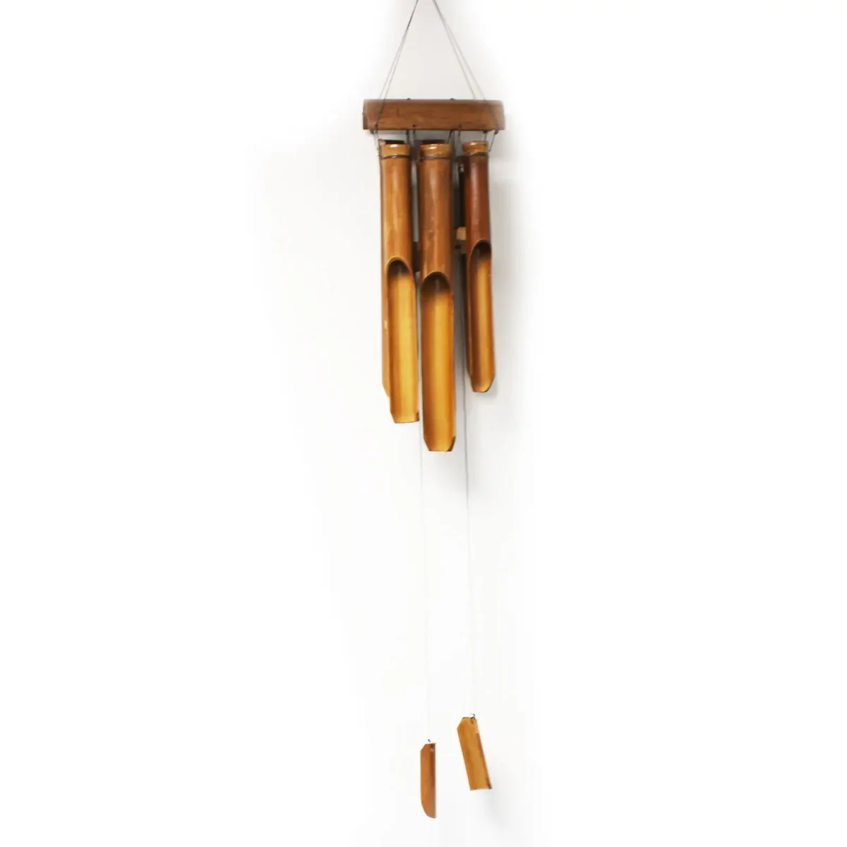 Bamboo windchime with six medium tubes in a natural finish hanging against a white background
