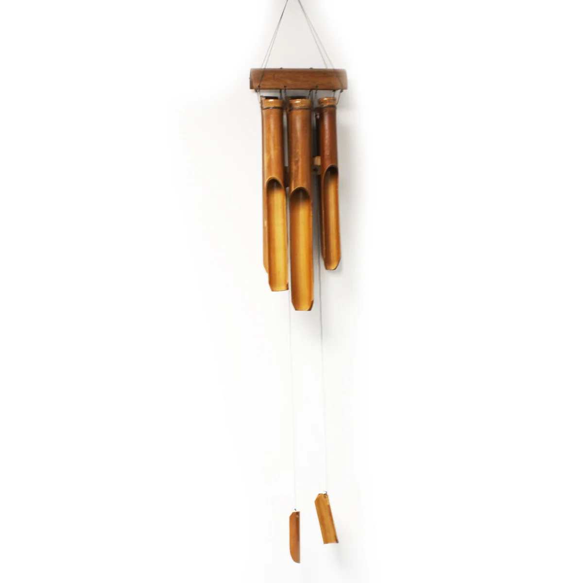 Natural finish bamboo medium tube windchime with six tubes hanging vertically against a plain background