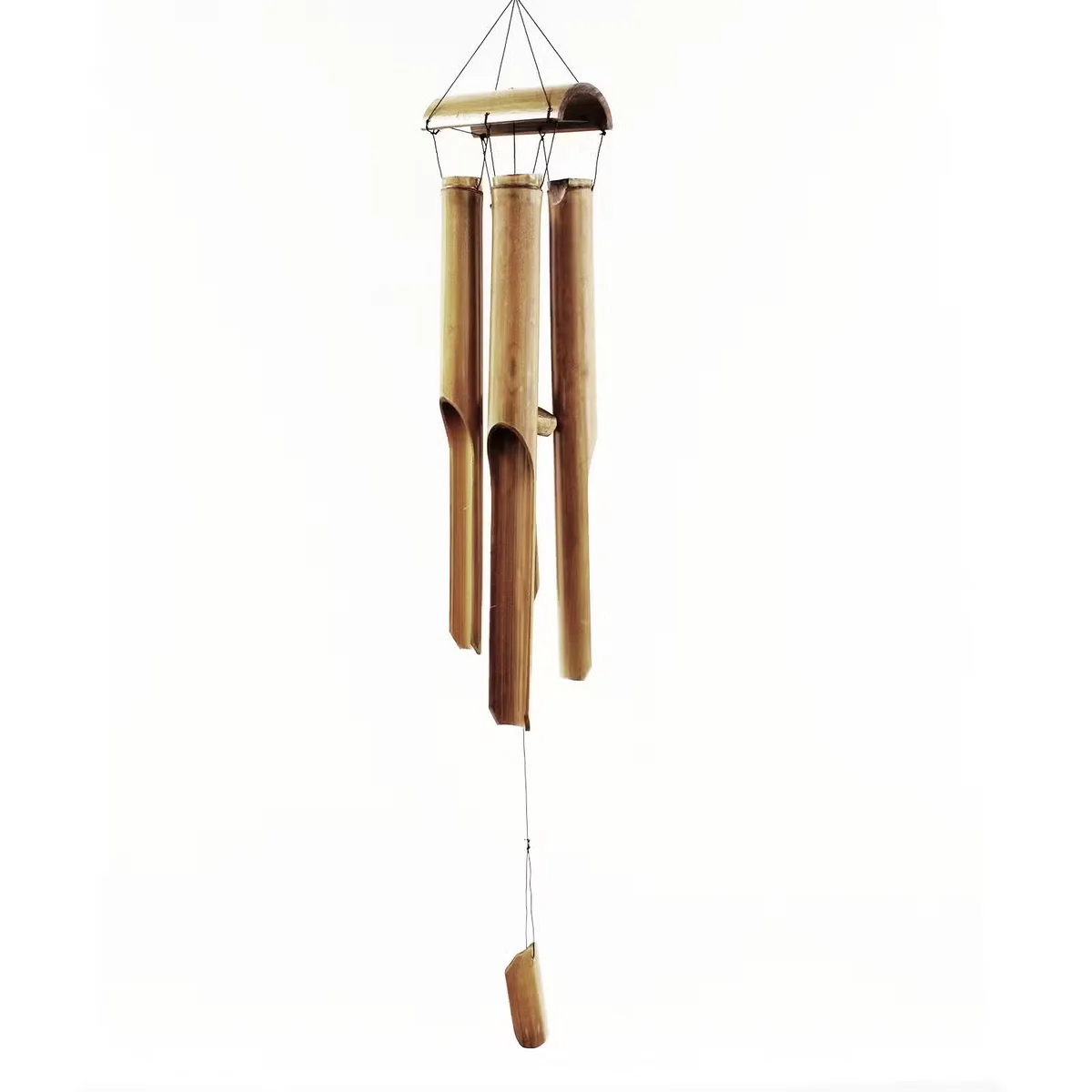 Outdoor bamboo chime with four large natural finish tubes hanging against a plain background