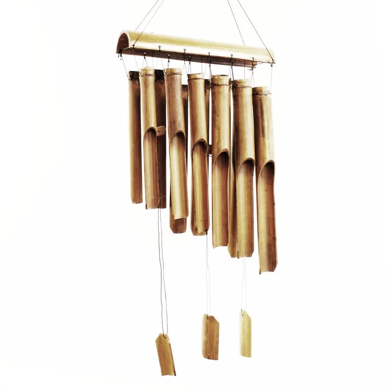 Natural finish bamboo windchime with 12 large tubes hanging against a white background