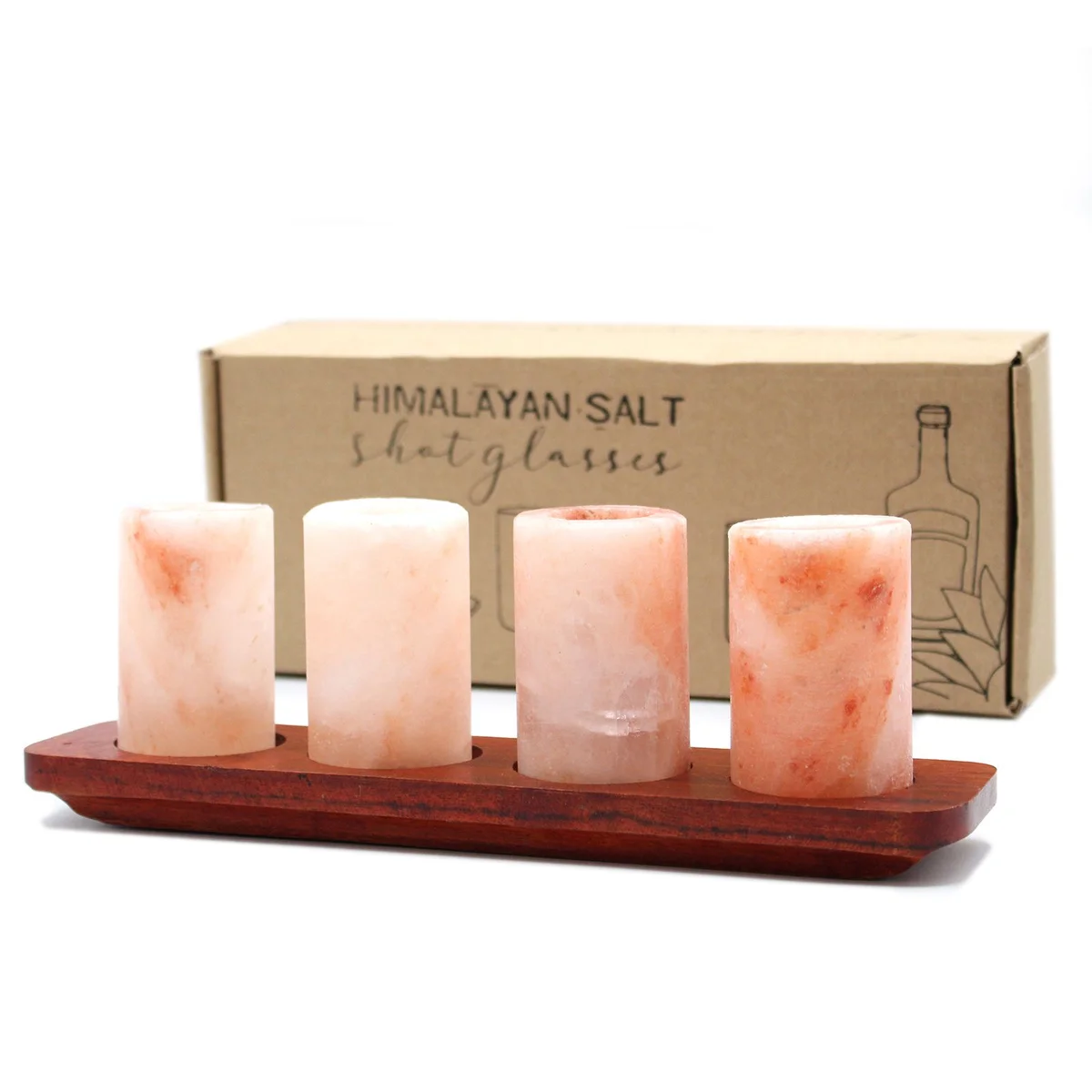 Set of 4 Himalayan salt shot glasses arranged on a wooden serving stand on a white background