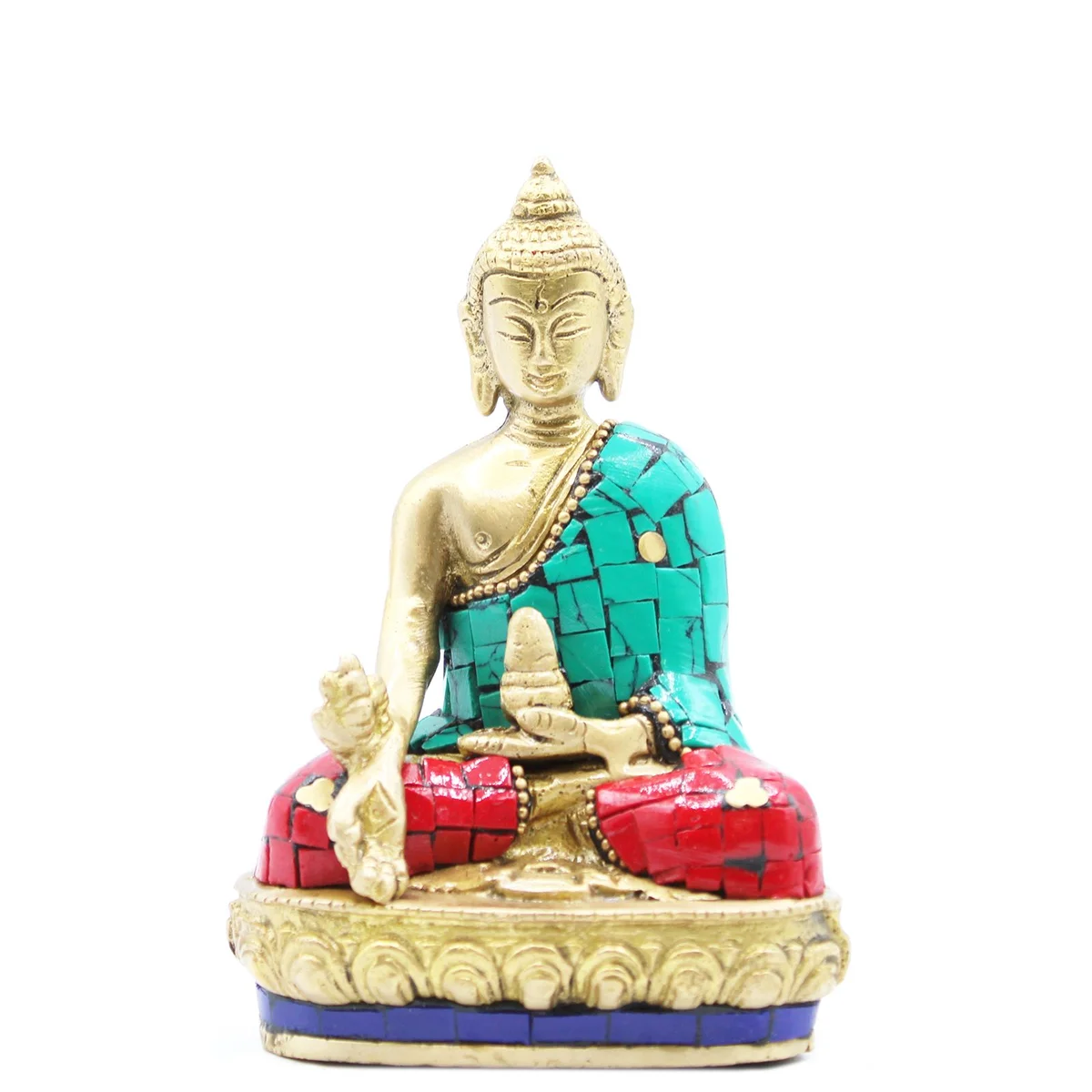 Brass Buddha figure 11.5 cm tall with hands down in meditation pose on a white background
